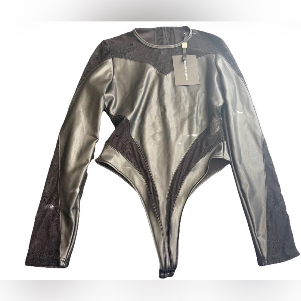 Maniere de Voir Black Faux Leather & Lace Bodysuit with Long Sleeves Size 8